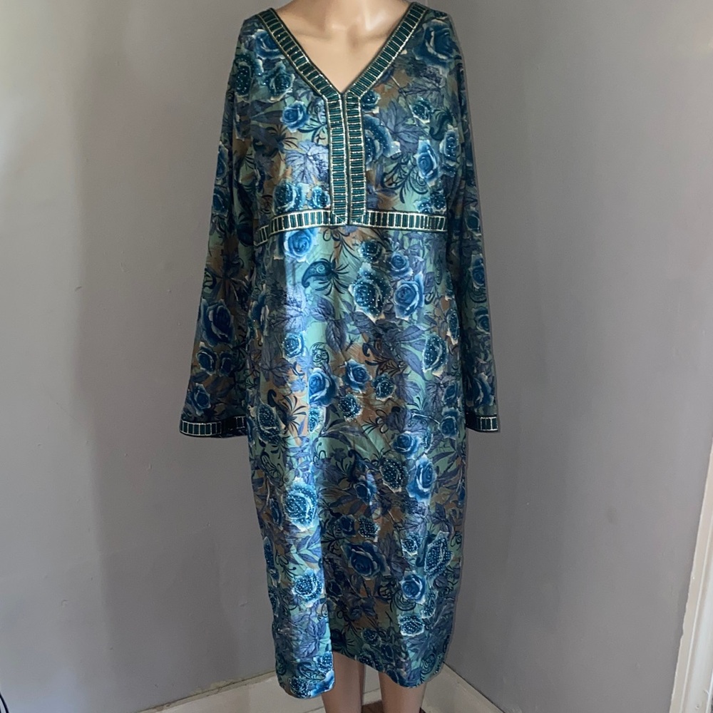 Teal Blue Floral V-Neck Long Sleeve Women's Dress
